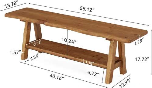 Vista 2 de Banco de entrada de madera maciza de 55 pulgadas, banco de cama con borde vivo, asiento de comedor interior para entrada, dormitorio, sala de estar