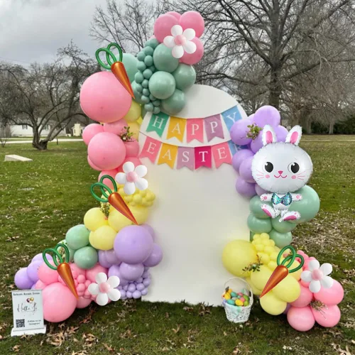 Vista 3 de Kit de guirnalda de arco de globos de Pascua, 167 globos de látex pastel, macarrón, rosa, morado, niebla, verde, azul, con conejo y zanahoria, globo