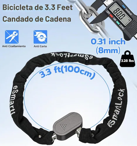 Vista 2 de Anweller Cerradura de cadena para bicicleta de huellas dactilares, resistente al robo, resistente a la intemperie, aplicación Bluetooth bloqueo