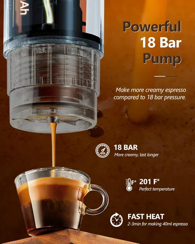 Vista 5 de CONQUECO Máquina de café espresso portátil: 12V eléctrica pequeña máquina de viaje Expresso - Autocalentamiento 8 tazas funciona