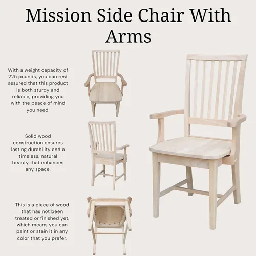 Vista 6 de International Concepts Mission - Silla auxiliar con brazos, madera de parawood maciza, sin terminar