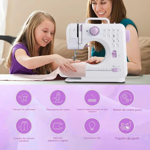Vista 6 de Máquina de coser para principiantes y niños, mini máquinas de coser portátiles con 12 patrones de puntada incorporados, pedal de pie de 2