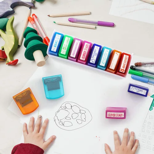 Vista 6 de RELIANCER Juego de 8 sellos para profesores, coloridos sellos motivacionales autoentintados para el aula, para calificación, alentadores