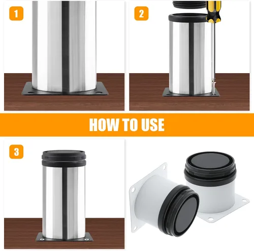 Vista 6 de Paquete de 4 patas ajustables blancas para muebles, patas redondas ajustables de acero inoxidable de 2 pulgadas/1.969 in para muebles, sofá, mesa