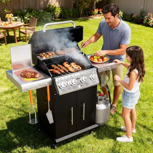 Vista 3 de SKOK Parrilla de gas propano de 4 quemadores con quemadores laterales y traseros infrarrojos, parrilla de barbacoa al aire libre con rejillas