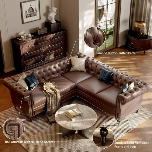 Vista 6 de Sofá modular Chesterfield de 85 pulgadas, sofá convertible de piel sintética en forma de L con cabeza de clavo copetuda y brazos enrollados, sofás