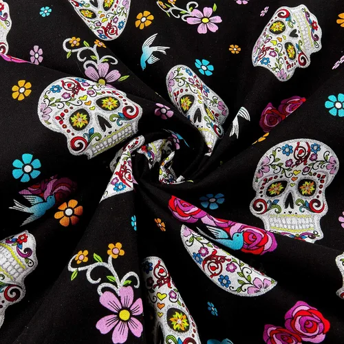 Vista 4 de Día de los muertos con purpurina negro/tela multicolor por yarda