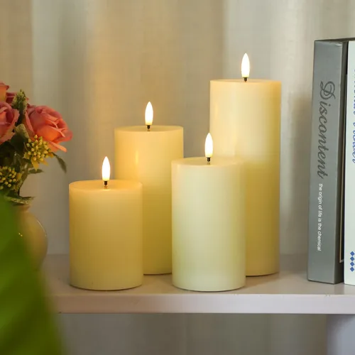 Vista 6 de Lezonic Velas LED de color marfil sin llama con temporizador remoto, paquete de 4 velas parpadeantes, diseño de grasa, pilar de cera real