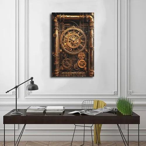 Vista 3 de ZMLIS Arte de pared con engranajes de reloj Steampunk, impresión mecánica victoriana de latón y cobre, póster industrial retro de ciencia ficción