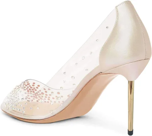 Vista 5 de FSJ Zapatos de tacón transparente, puntiagudos, con incrustaciones, para mujer, tacón alto con lazo, tallas estadounidenses 4 a 15 M