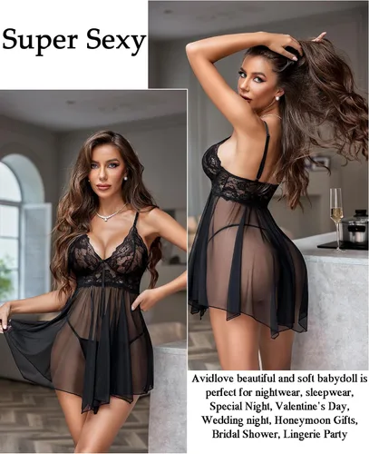 Vista 2 de Avidlove Lencería para mujer, babydoll de encaje, camisón de malla, camisón de noche, ropa interior para dormir 1-negro