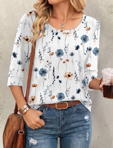 Vista 3 de Ekouaer Camisetas básicas casuales de manga 3/4 para mujer, cuello redondo Blanco floral