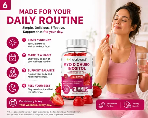 Vista 7 de healblend Myo & D-Chiro - Gomitas de inositol – Apoyo de SOP para mujeres, equilibrio hormonal, fertilidad y ovulación – con metilfolato, vitamina