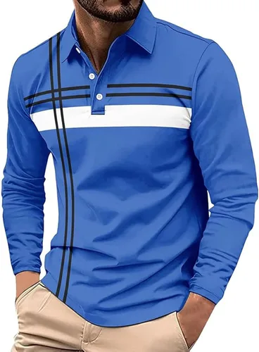 Vista 20 de Polo para hombre, manga larga, ajustado, a rayas, con cuello, talla grande, para golf y otoño