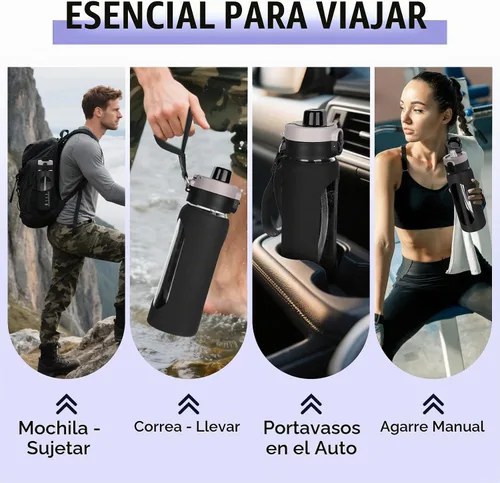 Vista 7 de ANOTION Botella de agua de vidrio de 24 onzas con popote y funda de Negro