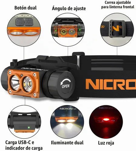 Vista 2 de NICRON Linterna frontal recargable, de alto brillo de 1500 lúmenes, 180 °, de aluminio, con 3 fuentes de luz, 10 modos, impermeable, linterna H25
