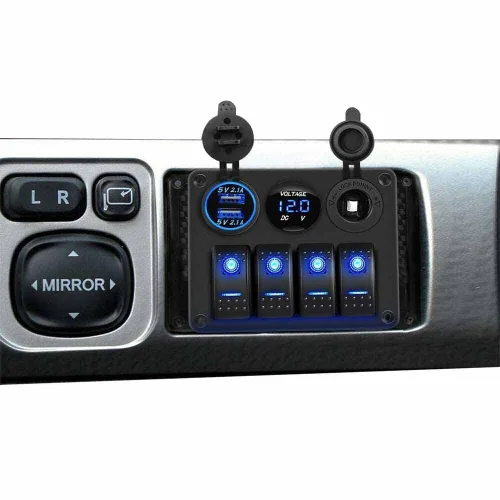 Vista 2 de Interruptor de panel combinado de 4 bandas, montaje estilo barco para caravanas, caravanas, vehículos recreativos, automóviles con encendedor