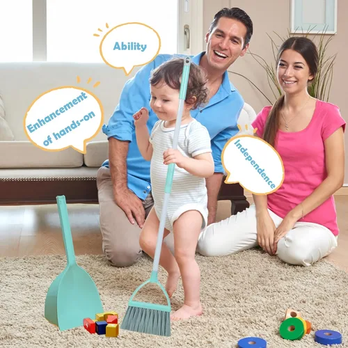 Vista 3 de Mini Escoba con Palita - Pequeño Juego de Limpieza para el Hogar, Ideal para Cocina, Baño, Nido de Mascotas, Barco (Set de 3, Azul+Naranja+Amarillo)