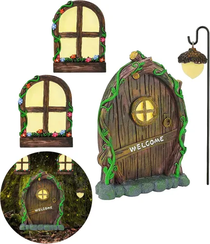 Vista 7 de Accesorios de jardín de hadas en miniatura, puerta y ventanas para árboles, escultura de patio que brilla en la oscuridad, adorno de césped, mini