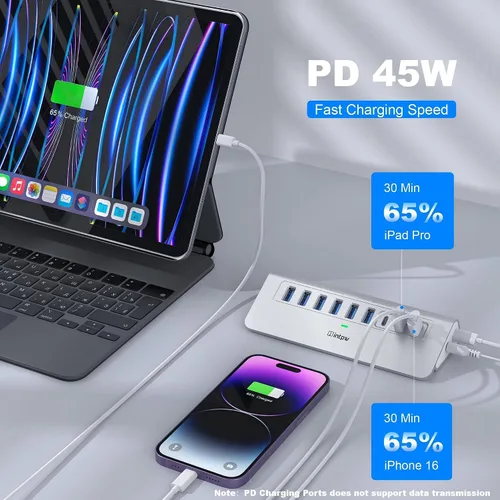 Vista 4 de Concentrador USB alimentado de 10 Gbps, intpw de 9 puertos USB 3.2, concentrador USB C con USB A/USB C 3.2, 4 USB 3.0, 2 puertos de carga PD de 45
