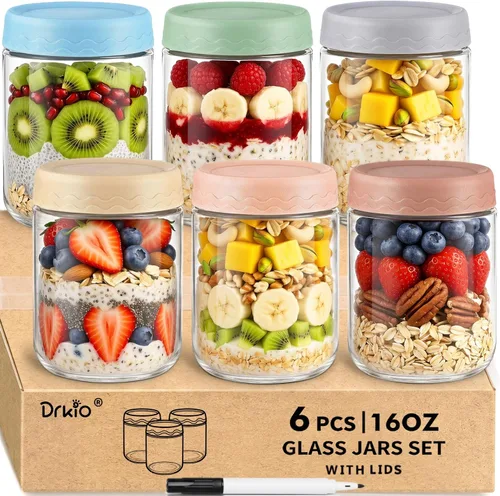 Vista 9 de DRKIO Recipientes de avena de 10 y 16 onzas con tapas, paquete de 6 tarros de vidrio con tapas herméticas, tarros de comida masón de boca ancha 10