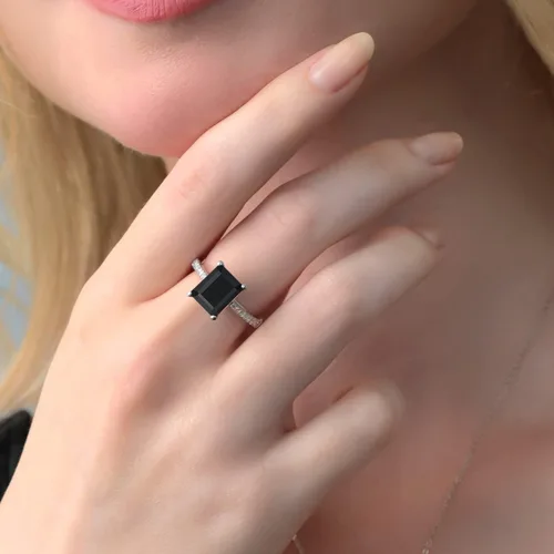 Vista 6 de Gem Stone King Anillo de compromiso de plata de ley 925 con ónix negro y zafiro blanco para mujer piedra natal de 339 quilates corte esmeralda