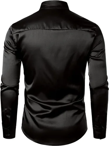 Vista 3 de JOGAL Camisa de discoteca de los años 70 para hombre, disfraz de fiesta de lentejuelas plateadas, camisa de manga larga con botones