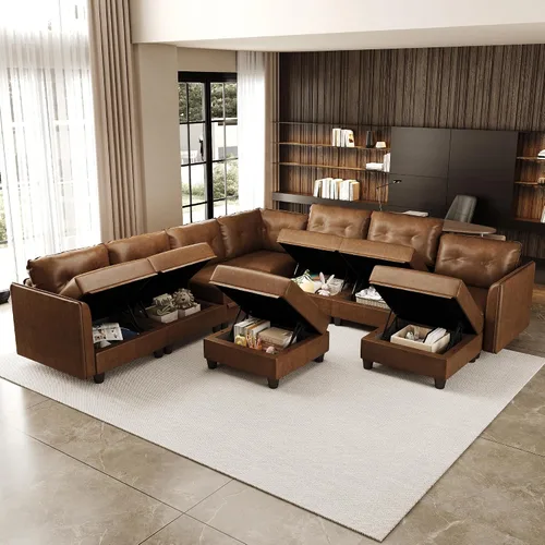 Vista 4 de LLappuil Sofá modular de piel sintética de 9 plazas con almacenamiento, sofá cama convertible en forma de U con diván, impermeable y agradable al