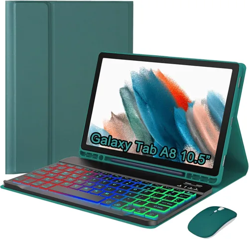 Vista 10 de Funda de teclado con mouse para Samsung Galaxy Tab A8 de 10.5 pulgadas 2022 (SM-X200/X205/X207), teclado ligero desmontable retroiluminado, funda