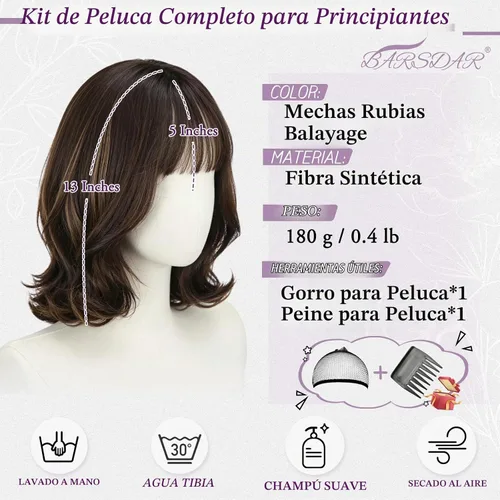 Vista 2 de BARSDAR Synthetic Short Layered Brown Highlights Bob Wig with Wispy Bangs