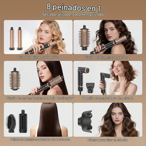 Vista 2 de 8-in-1 Hot Air Styler & Blow Dryer Brush, Ionic Auto-Wrap Curler for Volume