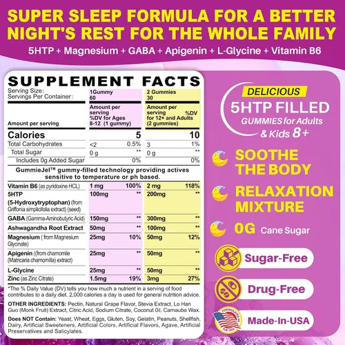 Vista 2 de Gomitas 5HTP para adultos y niños mayores de 8 años, gomitas sin melatonina con glicinato de magnesio, GABA, L-glicina, Ashwagandha, vitamina B6