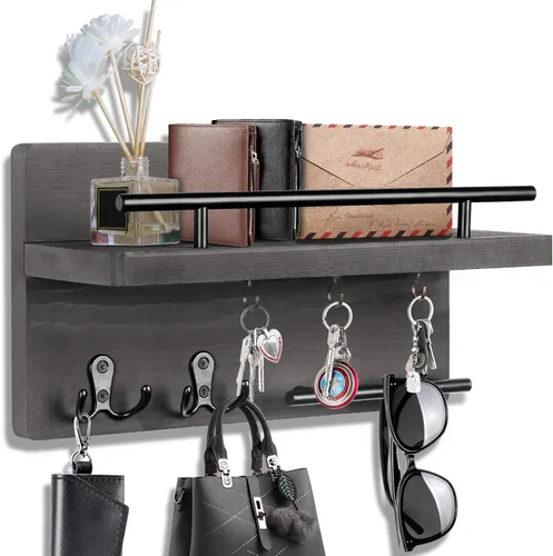 Vista 8 de OurWarm Soporte para llaves de pared con 5 ganchos para llaves, para colgar en la pared, con estante para llaves y correo, organizador de correos