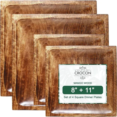 Vista 10 de Crocon Juego de 2 platos cuadrados de madera, platos de madera de 8 y 11 pulgadas, platos de madera para aperitivos de ensalada de frutas, platos