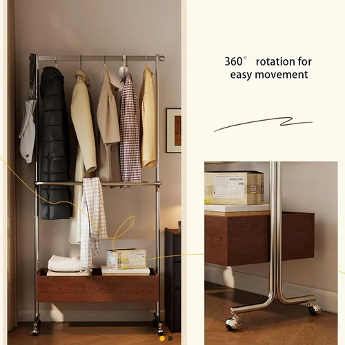 Vista 7 de Perchero de metal con ruedas, con estante de almacenamiento de madera, estantes de ropa rodantes para colgar ropa, perchero para dormitorio, Negro