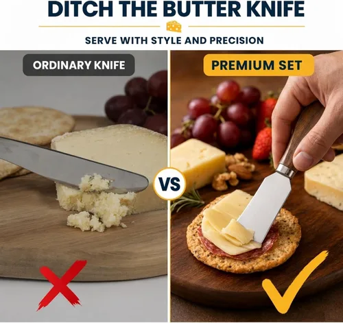 Vista 5 de Juego de cuchillos de queso de 3 piezas Acero inoxidable con asas de madera de acacia oscura Tenedor de queso, espátula y cuchillo esparcidor
