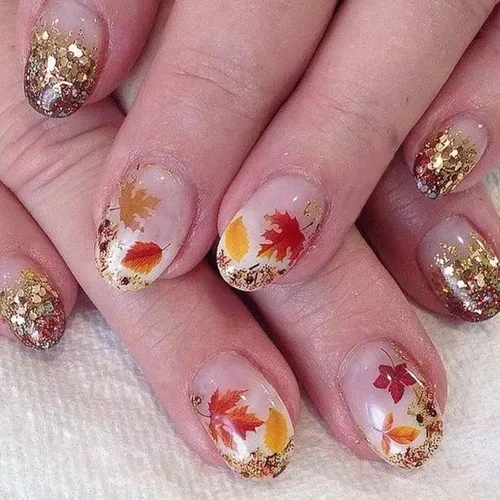 Vista 10 de Uñas postizas a presión de otoño, uñas postizas cortas cuadradas de MABKJLF con diseños de hojas de arce, pegamento brillante en uñas, uñas
