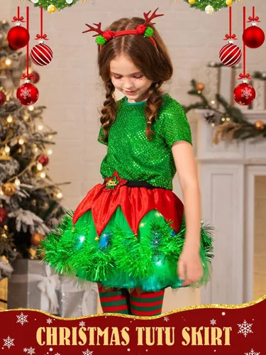 Vista 7 de Kakaco Juego de tutú de Navidad para niñas con diseño de reno rojo, diadema de Navidad, tutú de tul para niñas