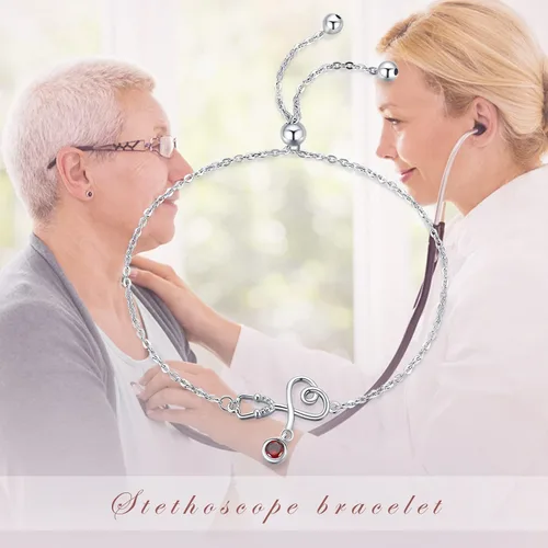 Vista 2 de Palpitate Pulsera de plata de ley 925 para mujer y niña, piedra natal, estetoscopio, regalo para estudiantes de enfermería, graduación, cumpleaños