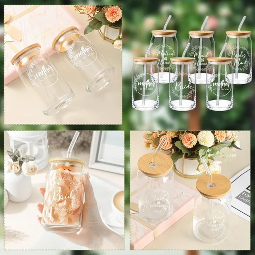 Vista 4 de Layhit 10 piezas de regalos de dama de honor, regalos de propuesta de dama de honor, 16 onzas, lindos vasos en forma de lata con tapas de bambú
