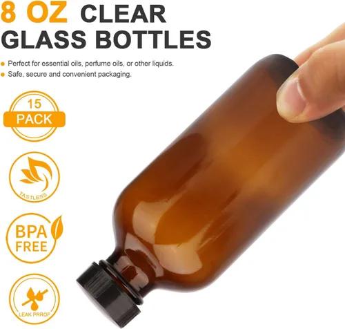 Vista 4 de Maredash Botellas de vidrio ámbar de 8 onzas, botellas de almacenamiento de vidrio, paquete de 20 Incluye tapas negras