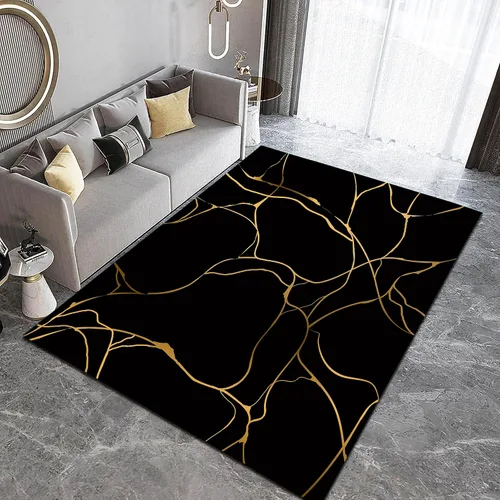 Vista 7 de Alfombra negra y dorada de 2 x 3: alfombra abstracta de líneas doradas, alfombra pequeña negra de acento felpudo de 24 x 36 pulgadas, lavable