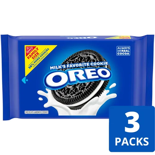 Vista 3 de OREO Galletas sándwich de chocolate, tamaño familiar, 3 paquetes Siempre hecho con cacao real, certificado Kosher