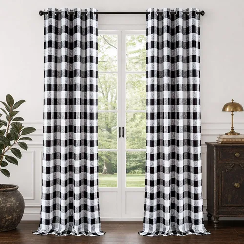 Vista 26 de Cortinas de cuadros de búfalo DriftAway a cuadros negro y blanco extralargas con tratamiento ojo de sargento para dormitorio y sala de estar