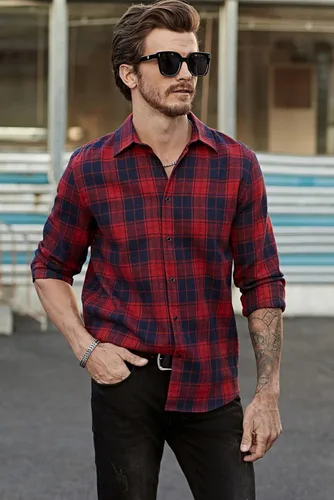 Vista 7 de JMIERR - Camisas de manga larga con botones para hombre, camisa informal de franela de algodón