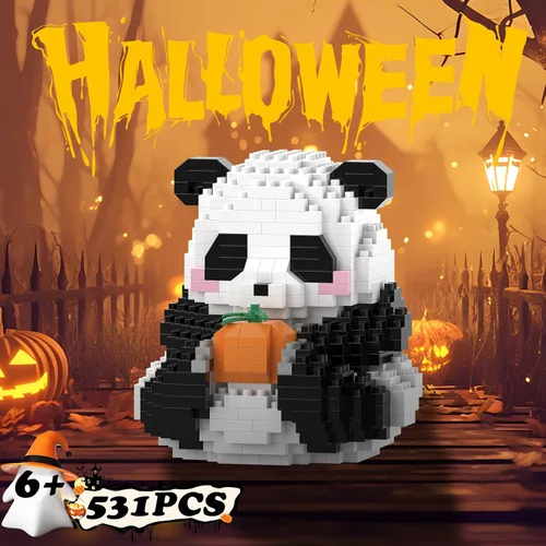 Vista 5 de Mini bloques de construcción de Halloween, panda sentado con calabaza, micro bloques de juguete para niños de 6, 7, 8, 9+, juegos de construcción