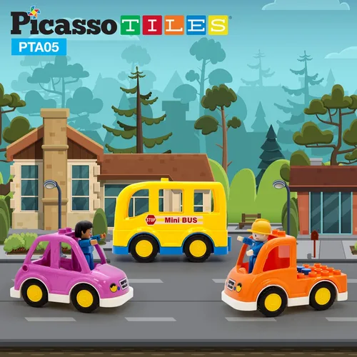 Vista 3 de PicassoTiles Juego de figuras magnéticas de 5 piezas para vehículos y figuras de acción, incluyendo autobús escolar, automóvil, camión y 2
