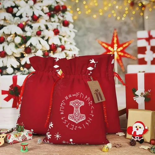 Vista 7 de Mjolnir And Rune Wheel Norse Mythology Symbol Christmas Drawstring Bag Gift Bag, Red Storage Bag, Christmas Gift Bags, Christmas Fabric Bags