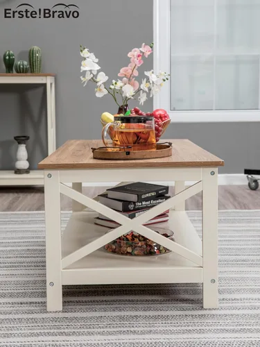 Vista 5 de Mesa de centro de granja con almacenamiento, mesa central cuadrada moderna con estante para sala de estar, mesa de cóctel de aspecto de madera