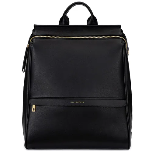 Vista 12 de MIA + SOPHIA Mochila de cuero para pañales con puerto de carga USB, cambiador, correas para cochecito y portabotellas (Marrón Mia)